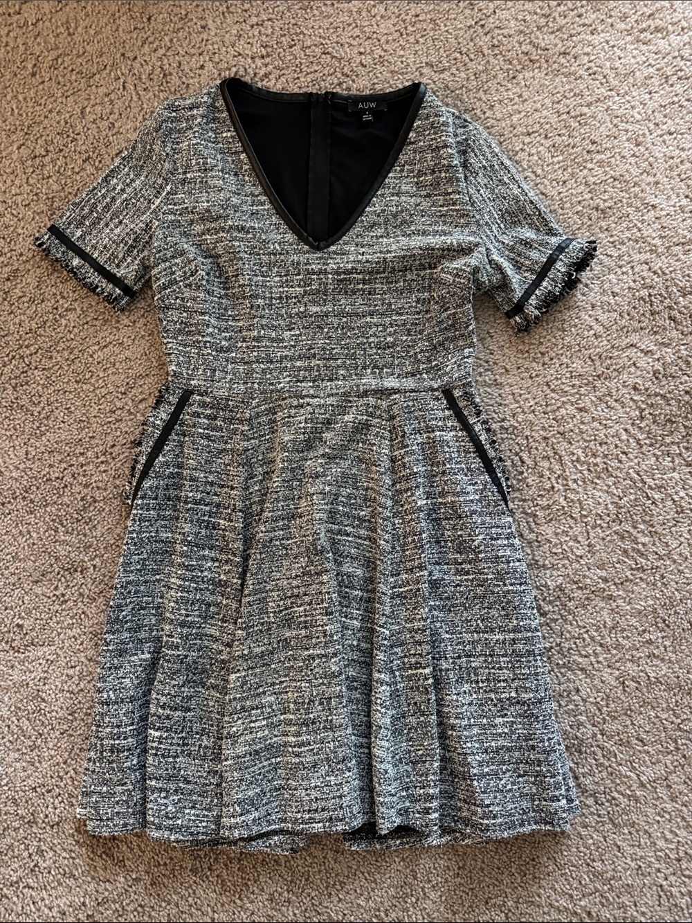 AUW Gray & Black Textured Tweed V-Neck Fit-and-Flare Dress